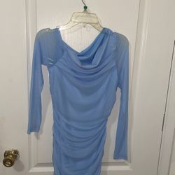 Light Blue Ruched Mesh Long Sleeve Mid Dress