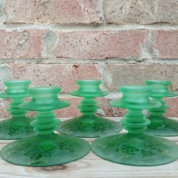 Vintage Fostoria Grape Green Brocade Frosted Single-Light Candle Holders 