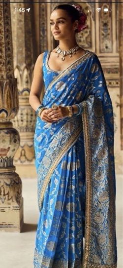 LASHKARRA blue and gold embroidered brocade saree