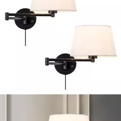 Light Black Plug-In Swing Arm Wall Lamp with Linen Shade Set of 2