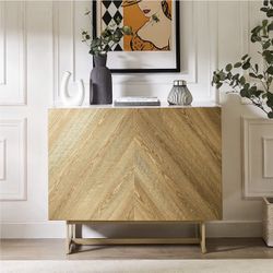 Mid-Century 39 inch Sideboard Credenza Buffet Server with Tip-on Doors for Hidden Storage in a Natural Oak Pattern
