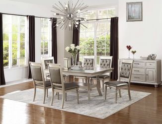 NEW 7 Piece Champagne Silver Dining Room Table and Chair Set Ashley Style BIG SALE Discount Storage 7PC Upholstered Faux Leather Cushion Clearance 