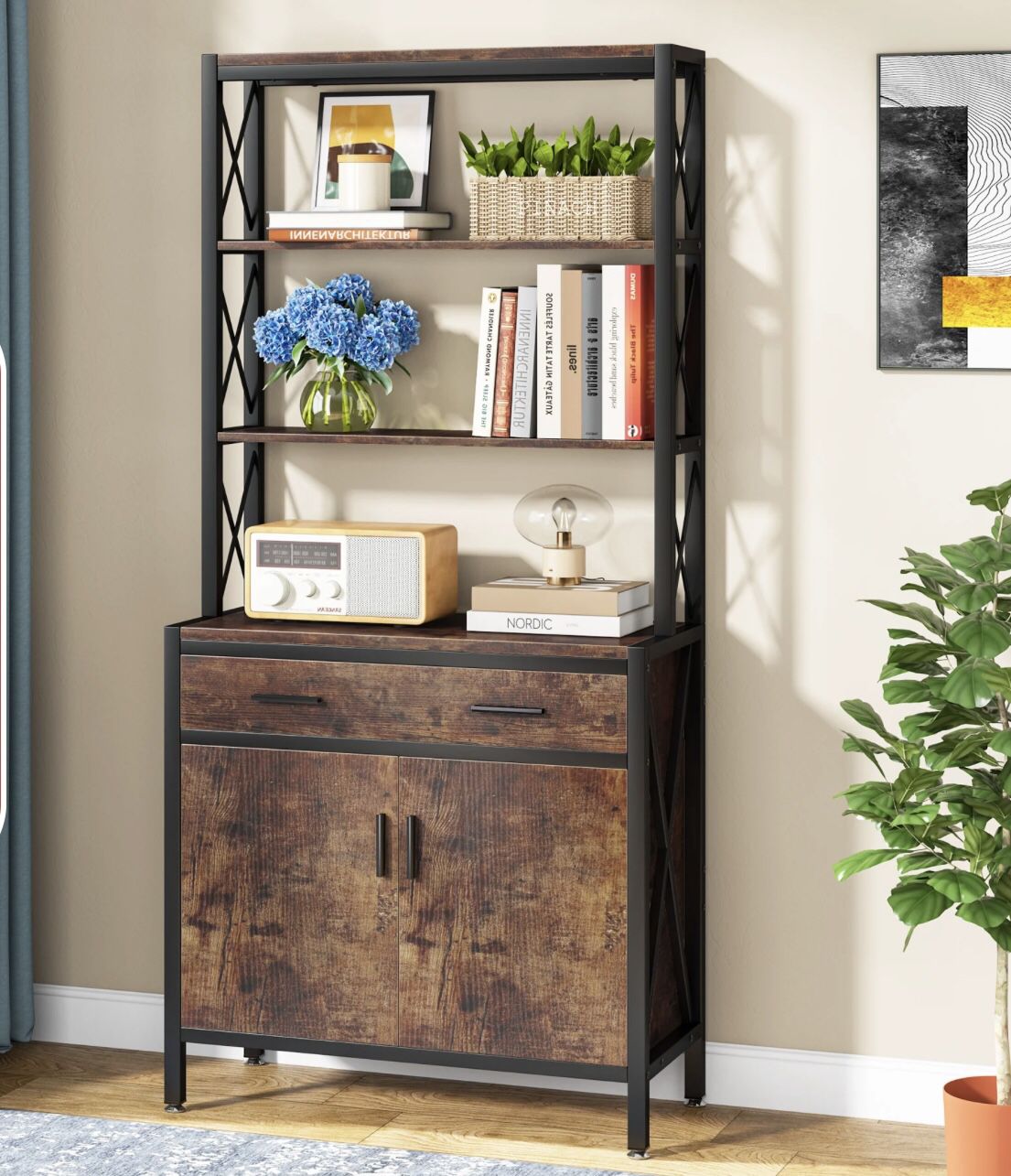 J0085 Industrial Bookshelf, 4-Tier Etagere Bookcase with Drawer & Cabinet