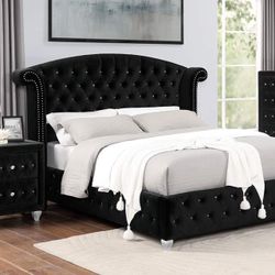 GLAM BLACK VELVET WINGBACK TUFTED-QUEEN-FRAME