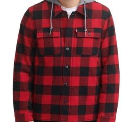 Mens Levi's Plaid Faux Shearling Lined Jersey Hood Shirt Brown Skater Plaid Jacket Size Small S Chamarra Camisa De Hombre Nueva Tamanio CHICO