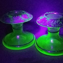 Candle Holders URANIUM Set Glass - Vintage Antique - Vaseline Glassware Yellow Green Clear Blue 