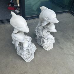 Two Carved Real Marble Stone Dolphins