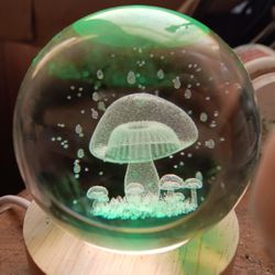 50mm Etched Crystal Ball with LED Base - MUSHROOMS