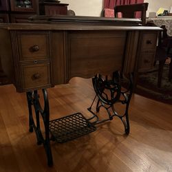 Antique Sewing Machine Frame And Cabinet  With  4 Drawers. Black Cast Iron Foot Treadle.  No Sewing Unit.