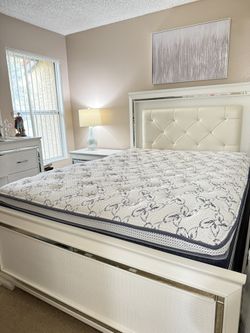 Queen Bed Frame, Mattress And Side Table Set