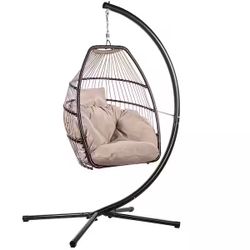 Barton Powder Coated Steel Frame Black Wicker Egg-Shaped Patio Swing Chair with Beige Cushion