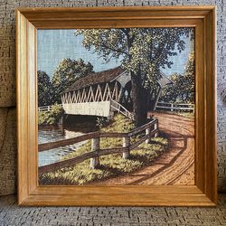 Vintage Kay Dee Linen Hand Prints Framed Bridge Farm Scene 16x16 Picture