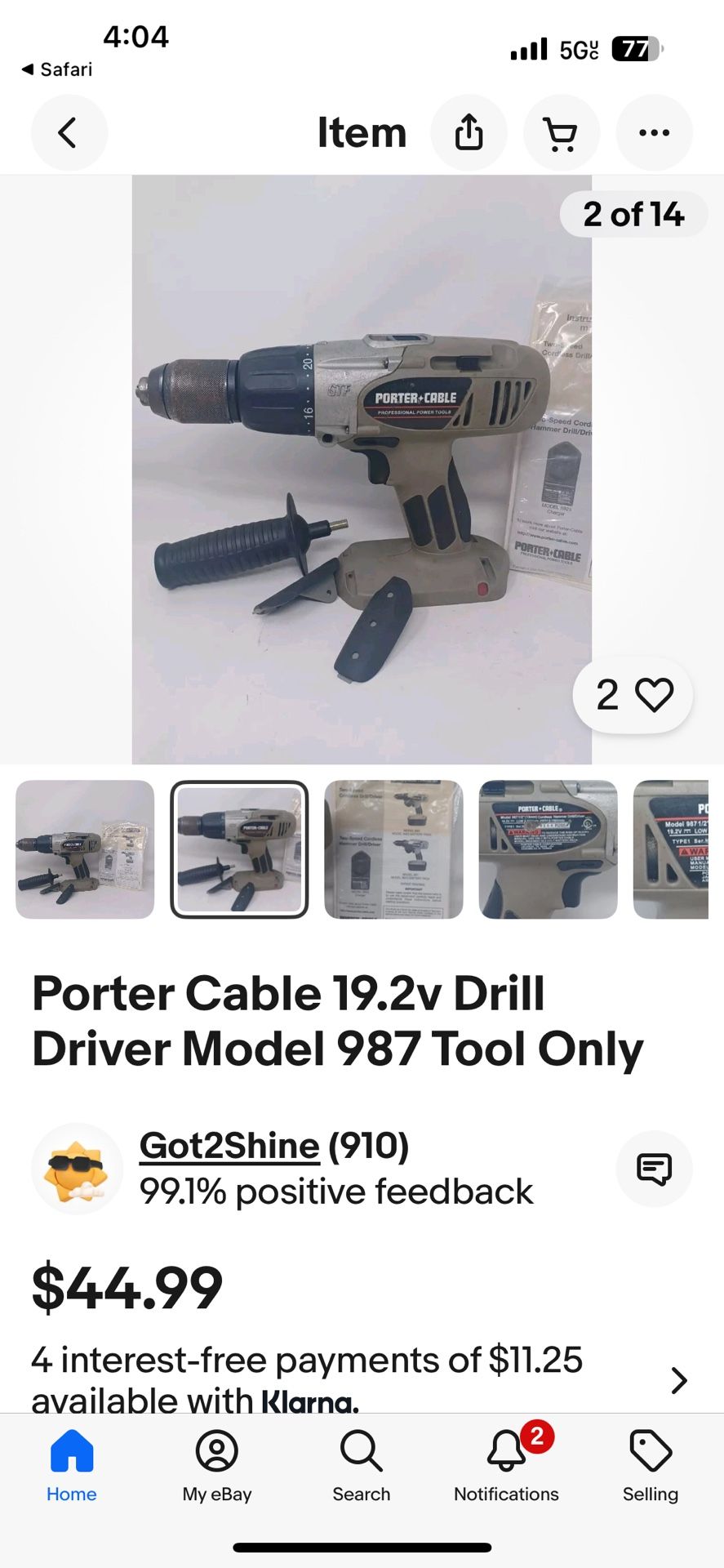 Porter Cable 19.2v Drill Driver Model 984 1/2 (13mm) Tool Only With Battery