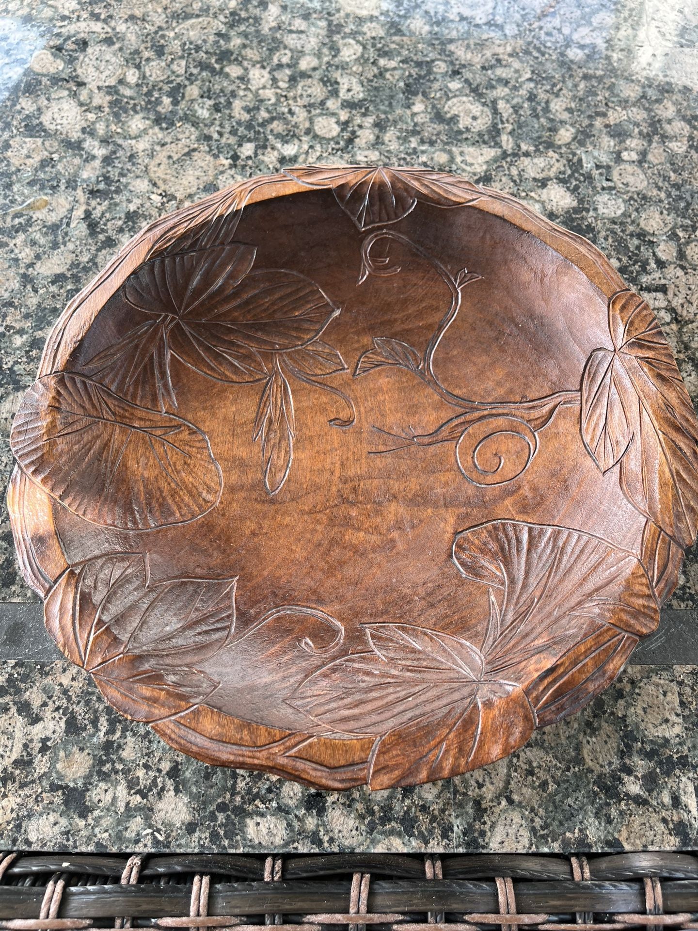 Hand Carved Wood Asian Floral Art Bowl Dish Tray Vtg Antique 11.5”
