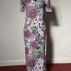 Floral & Geo Print Puff Sleeve Split Back Dress