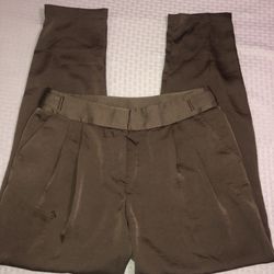 Anne Klein light brown silky size 4 pants. They have a small spot on the front that is hidden by the pleats when worn and may come out. I haven’t tri