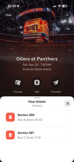 Oilers Vs Panthers 11/22.  $40 Each 