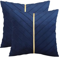 Tosleo Navy Blue Velvet Throw Pillow Covers 18 x 18 inch Pack of 2 with Gold Leather Christmas Decorative Couch Pillowcases Luxury Modern Pillow Cover