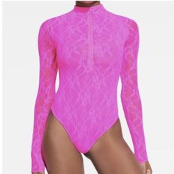 Skims NWT L Stretch Lace Lined Long Sleeve Thong Bodysuit 