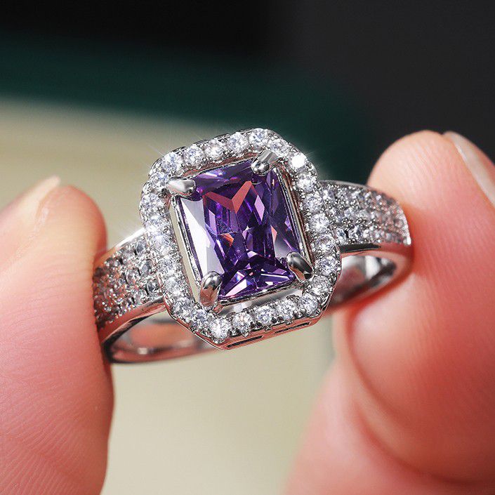 "Radiant Cut Pure Purple CZ Beautiful Silver Luxury Wedding Ring, K840
 
 