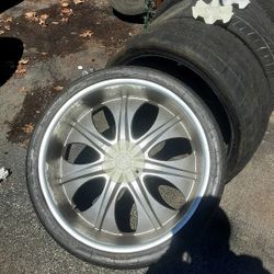 26 Inch Six Lug All Four Tires Good Two Of Them Hold Air On The Rims Two Of Them Have Slow Leaks Through The Days. All 4 Caps Look Good With New Paint