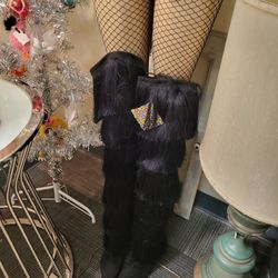 Groovy Tall Fringe Black Go-Go Boots 