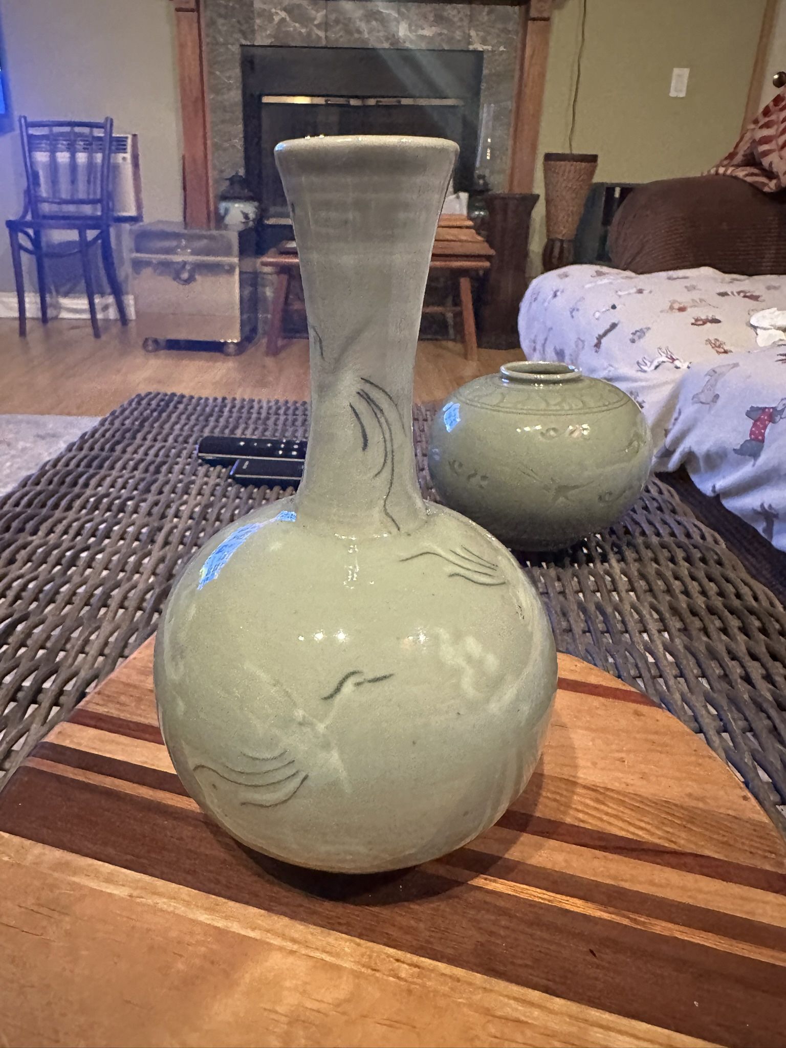 2 Mid-Century Vintage Korean Celadon Green Glazed Bottle Vase