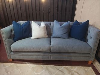 Blue-Gray Tufted Sofa with Nailhead Trim