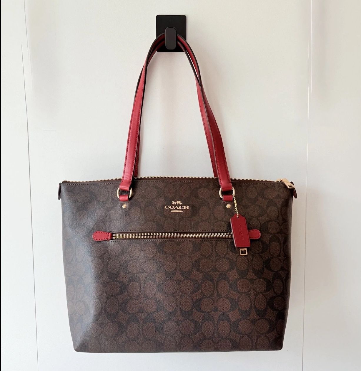 Coach Gallery Tote Bag Signature Canvas Walnut/True Red Leather Trim Purse NWOT