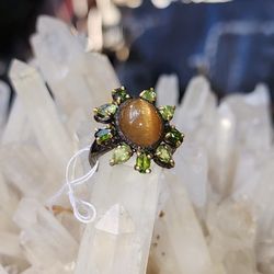 Tiger Eye And Peridot Black Rhodium Over Solid Sterling Silver Ring Size 8