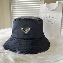 Prada Logo Nylon Wide Brim Bucket Hat in Black, Sz Large w/Shopper Bag, NEW W/TAGS