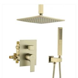 Luxury Shower System Concealed Ceiling Mount Dual Heads 10 In. Anti Scalding Pressure Balance Valve In Brushed Gold