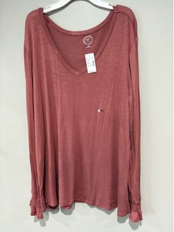 Maurices 24/7 Mauve Slub Knit V-Neck Top XXL NWT Smocked Cuff Long Sleeve