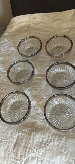Set of 6 Crystal Glass Bowls with Silver Rims