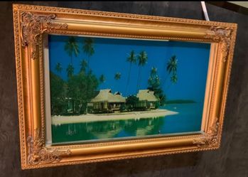 Vintage Lighted Motion Picture Tropical Island Beach Gold Frame
