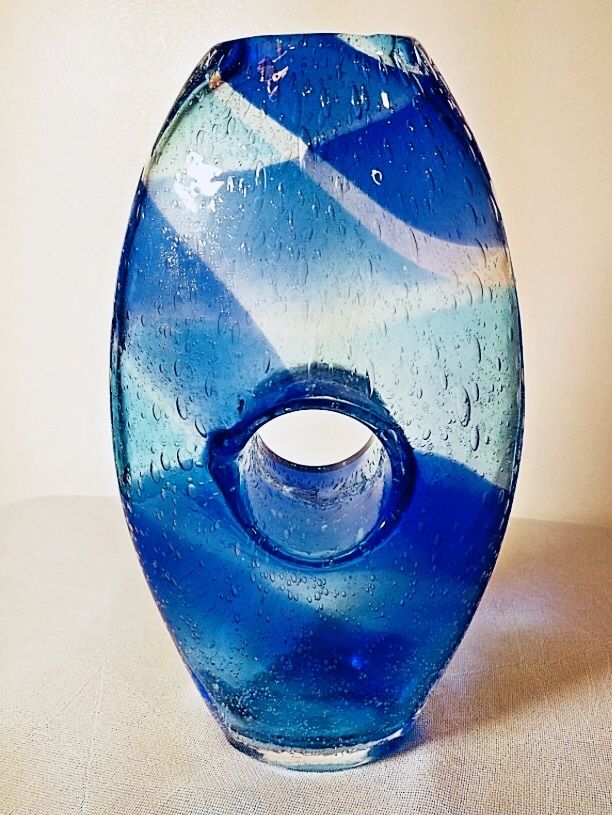 Hand-blown Art Glass Donut Hole Middle Aqua Blue Vase Signed 10" (pending sale)