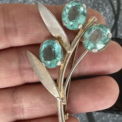 RETRO BROOCH - Three Flower Spray with Sky-Blue Crystal Stones in Sterling 1940's