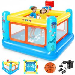 Adnoom Bounce House for Kids 3-6, PVC Inflatable Bounce House with Basketball Hoop, Indoor Bouncy House with Blower, Outdoor Jumping Castle with Game 