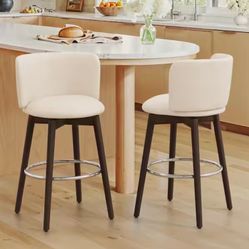 34.5 in. Ivory White Faux Leather Swivel Solid Wood Frame Bar stool Metal Footrest Counter Height Stool Set of 2