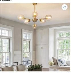 FINE MAKER Mid Century Modern 6-Lights Sputnik Chandelier Flush Mount Ceiling Light Gold Glass Ball Round Chandelier Kitchen Island Lighting Fixture