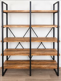 Large 5-Tier Industrial Double-Wide Bookshelf – Rustic Brown & Black