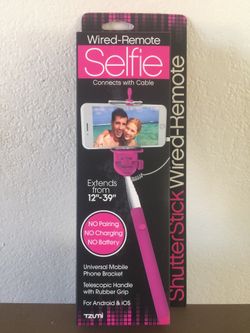 Selfie stick with wired remote. Extends to 39” Universal Cell phone handle with rubber grip. For Android & iOS.