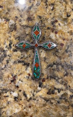 3 Inch Pure Silve & Turquoise Pendant Cross