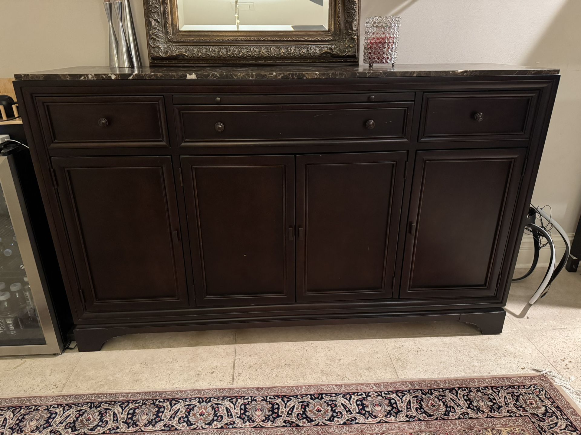 Solid Wood Marble Top Sideboard Buffet Cabinet In Excellent Condition $500