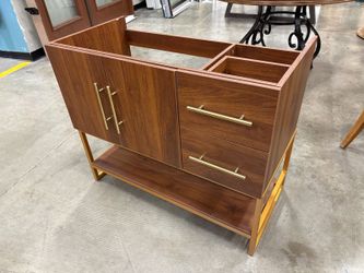 NEW! Modern Walnut Finished Bathroom Vanity with Soft Close Drawers and Gold-Tone Stainless Steel Frame