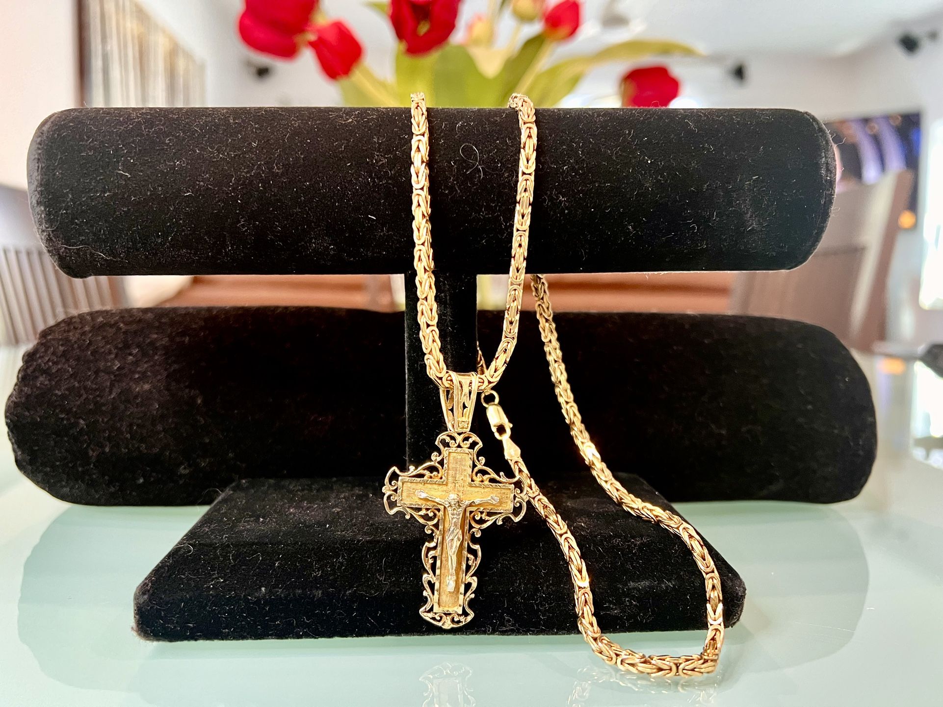Heavy 54.7g Solid 14k Yellow Gold Fancy Crucifix & 22” Byzantine Chain/Necklace