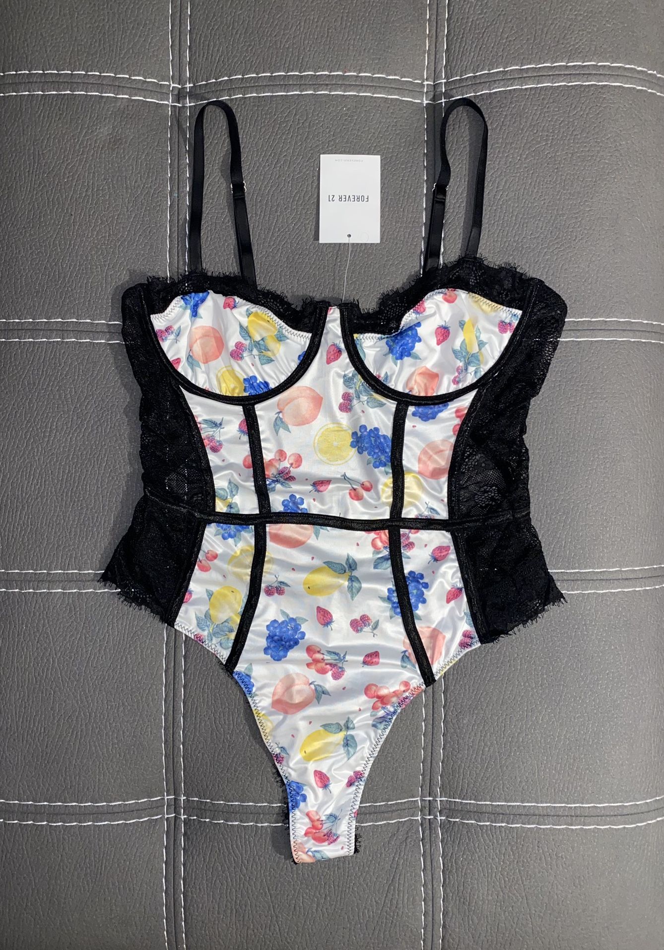 New FOREVER 21 Bodysuit Lingerie XL Fruit Print Lace Open Back Thong. 