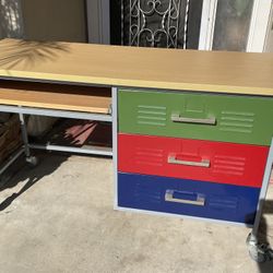 Colorblock Industrial home or Office Desk silver metal frame multi-colored locker-style drawers