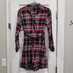 Derek Heart Girl Red Black Plaid Flannel Shirt Dress Belted Size 14