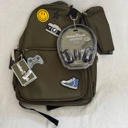 Locker Club Olive Green Backpack with Patches-Includes Headphones & Pencil Bag